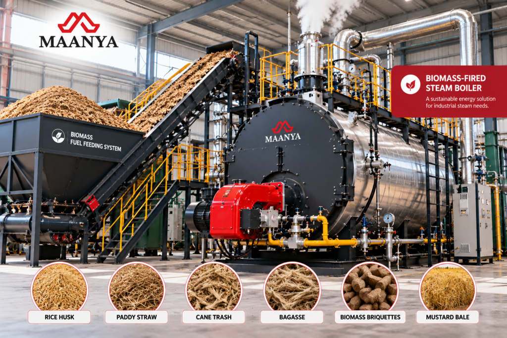 Biomass-fired industrial boiler using agricultural residues