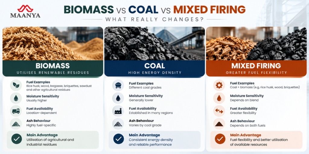 Comparison of biomass, coal and mixed firing for industrial boilers